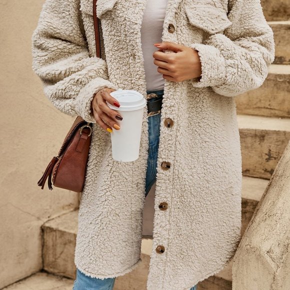 Apricot Preppy Womens Drop Shoulder Flap Detail Teddy Coat - Picture 4 of 5